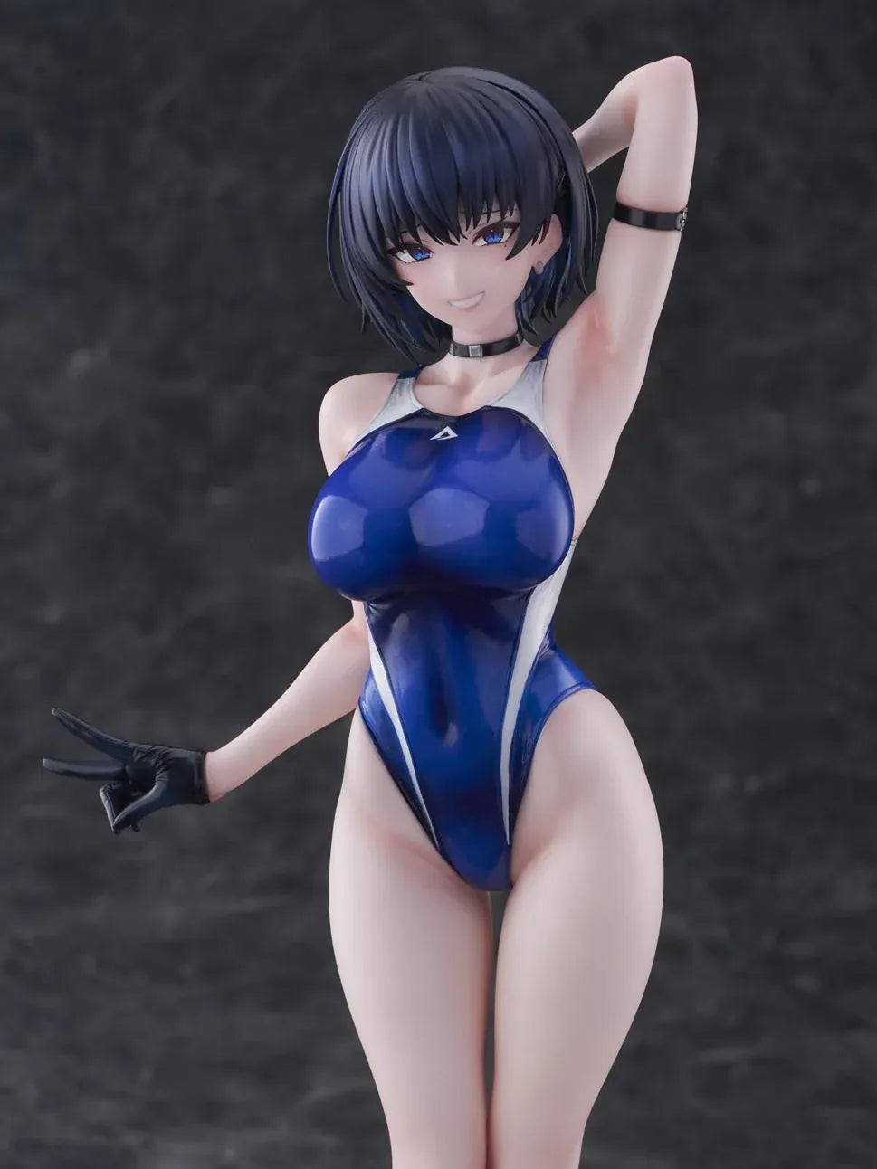 Sakura Aoba Umise 1/6 Scale Figure featuring Aoba Umise with short dark hair, blue eyes, glossy navy outfit, matching legwear, glove accents, and clear display base.