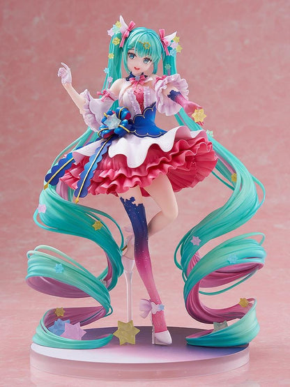 Hatsune Miku Rosuuri Ver. 1/7 scale figure with swirling turquoise twin tails, colorful stars, a pink and white ruffled dress, and a blue bow.