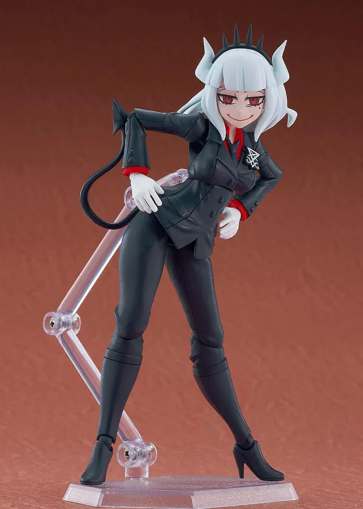 Helltaker figma Lucifer Figure with white hair, black horns, devil tail, black suit, and wine glass accessory