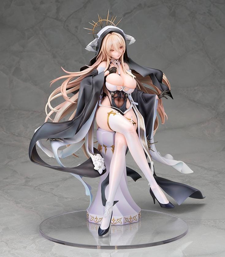 Azur Lane Implacable Special Ver. 1/7 Scale Figure with long blonde hair, black-and-white outfit, gold accents, halo headpiece, and clear display base