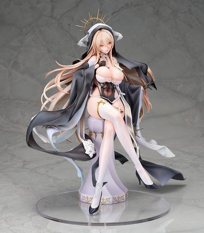 Azur Lane Implacable Special Ver. 1/7 Scale Figure with long blonde hair, black-and-white outfit, gold accents, halo headpiece, and clear display base