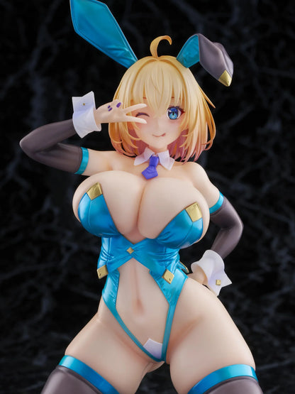 Illustration Sakura Sophia F. Shirring Blue Bunny Ver. 1/6 Scale Figure featuring Sakura Sophia in a blue bunny outfit with blonde hair, bunny ears, card details, and casino-inspired display background.