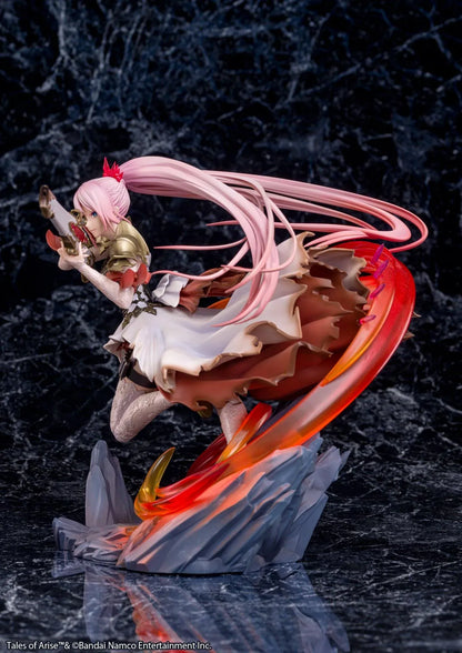 Tales of Arise Shionne 1/7 Scale Figure featuring a pink-haired anime character with blue eyes, an ornate white battle dress, gold armor, and lace stockings, aiming a detailed rifle while suspended in a dynamic pose surrounded by translucent red and orange effects on a rocky display base.