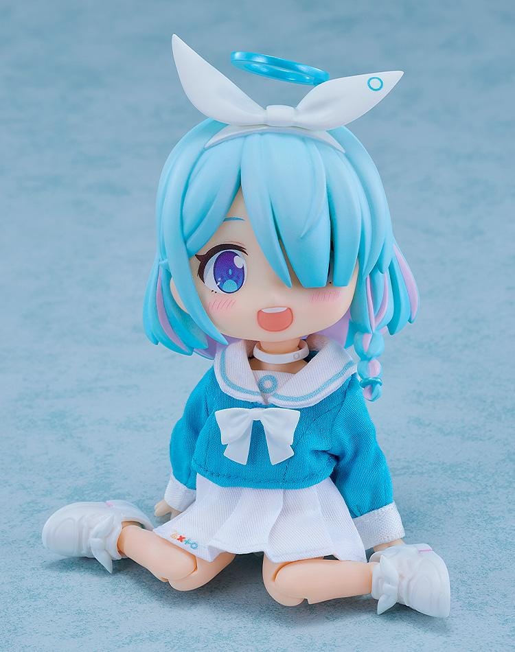 Blue Archive Nendoroid Doll Arona with blue hair, a white bow and halo, wearing a blue-and-white fabric school uniform.
