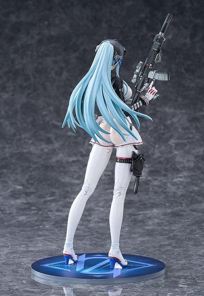 Girls' Frontline 2 Exilium Klukai Speed Star figure with light blue hair, a white and black outfit, cap, goggles, and rifle on a blue display base.