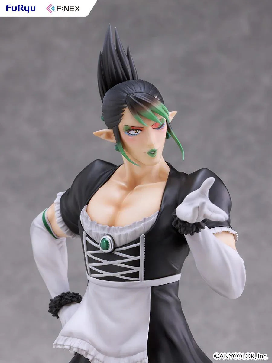 Hanabatake Chaika 1/7 Scale Figure by FuRyu F featuring a VTuber with tall black hair, green highlights, pointed ears, and a black and white maid outfit with white gloves, dark stockings, and black heels on a green circular display base.