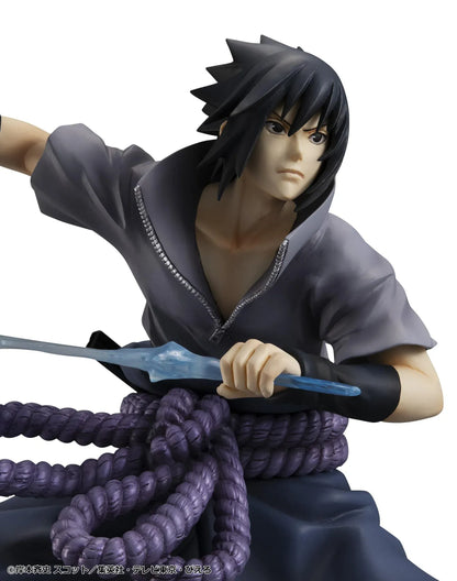 Naruto Shippuden G.E.M. Series Sasuke Uchiha Great Ninja War Ver. Reissue figure in battle pose with sword, purple rope belt, and effect detail
