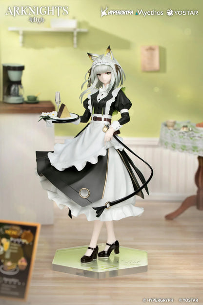 Kal'tsit The Remains of Time Ver. figure wearing a flowing black and white maid dress and holding a serving tray on a translucent green base.