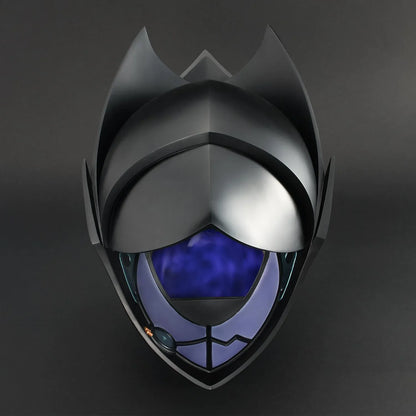 Code Geass Full Scale Works Zero’s Mask 1/1 scale replica with a glossy dark faceplate, gold accents, and an angular outer shell with tall fins.