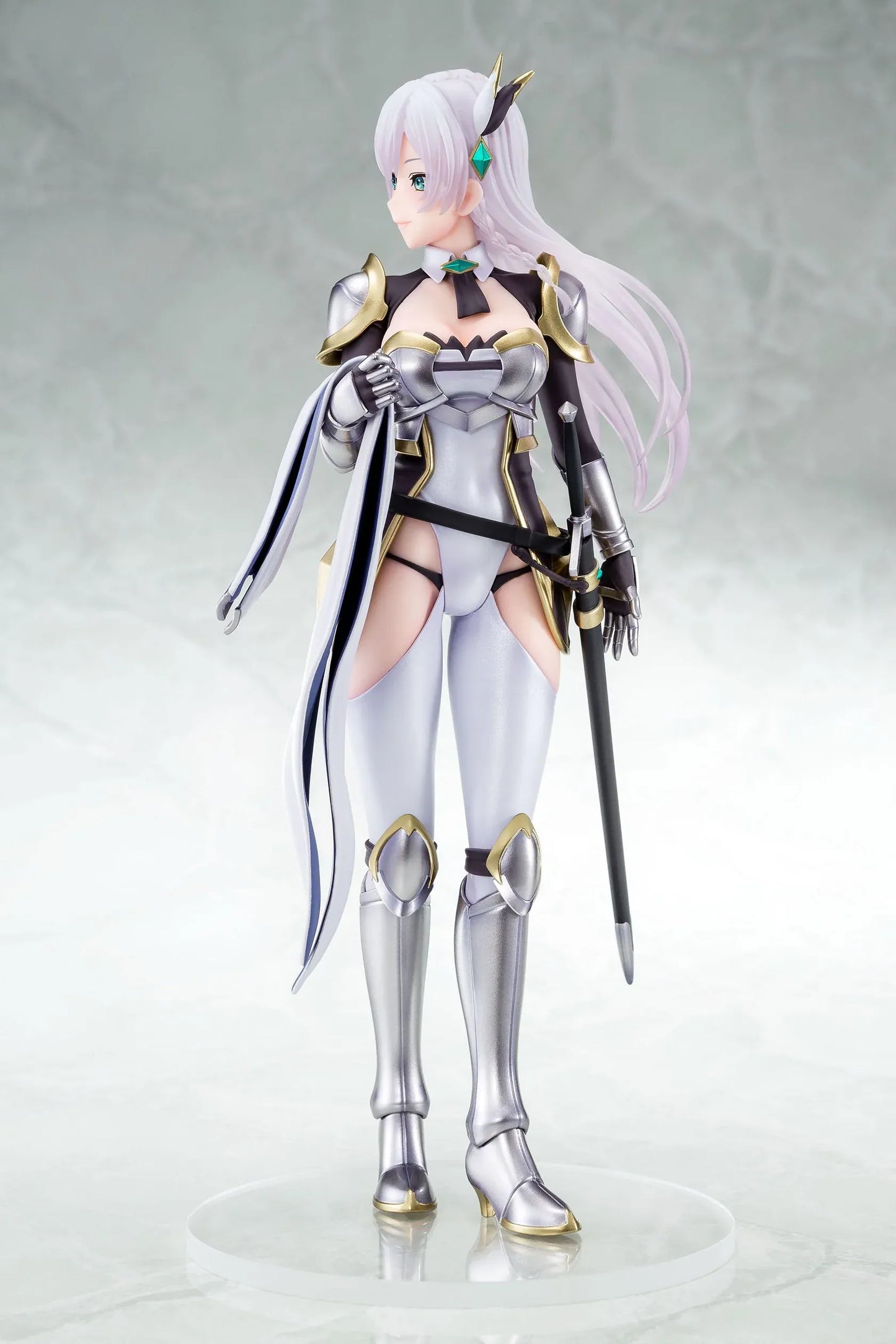 Old Country Bumpkin to Master Swordsman Allucia Citrus 1/6 Scale Figure with pale lavender hair, silver armor, sword accessory, cape, and clear display base
