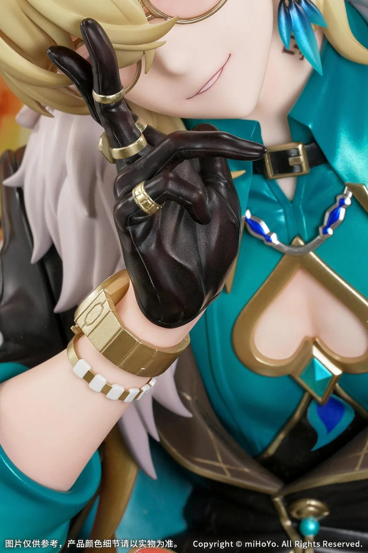 Honkai Star Rail Diorama Aventurine Inherently Unjust Destiny Ver. Non-Scale Figure featuring a blonde-haired character with purple eyes, glasses, a black and teal outfit with gold accents, and a white fur collar surrounded by playing cards, poker chips, and an ornate casino backdrop.