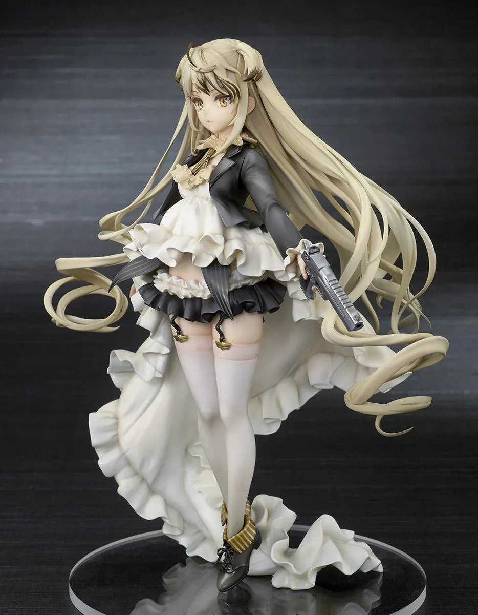 Girls' Frontline Desert Eagle 1/7 Scale Figure featuring Desert Eagle with long blonde hair, white-and-black outfit, golden eyes, handgun accessory, and flowing dress details.