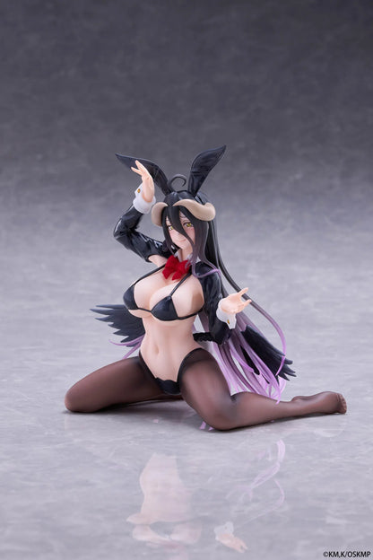 Albedo MOFLOCK Reverse Bunny Suit figure wearing a glossy black outfit with bunny ears, sheer stockings, horns, and black wings.