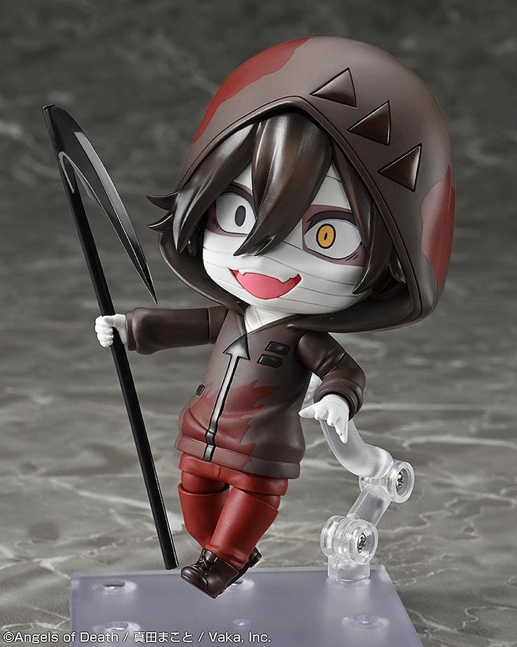Angels of Death Nendoroid Isaac Foster figure wearing a hooded outfit with bandages and holding a scythe.