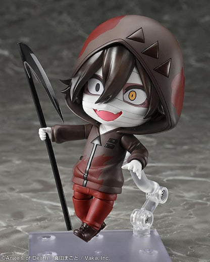 Angels of Death Nendoroid Isaac Foster figure wearing a hooded outfit with bandages and holding a scythe.