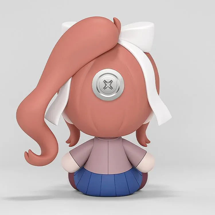 Doki Doki Literature Club! Huggy Good Smile Monika figure with green flower-filled eyes, a white hair bow, and a school uniform in a seated pose.