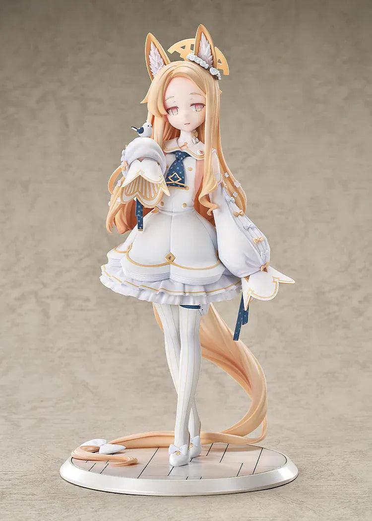 Blue Archive Seia 1/7 Scale Figure with long blonde hair, fox-like ears, white-and-gold outfit, halo, bird companion, and display base