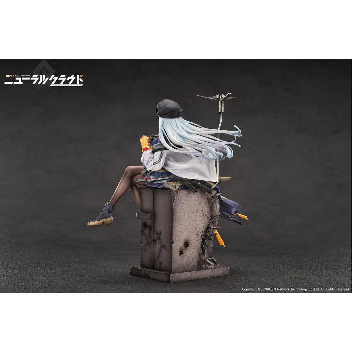 Girls' Frontline Neural Cloud Klukai 1/7 Scale Figure with long silver hair, military-inspired outfit, weapon accessories, seated pose, crate-style base, and bonus item