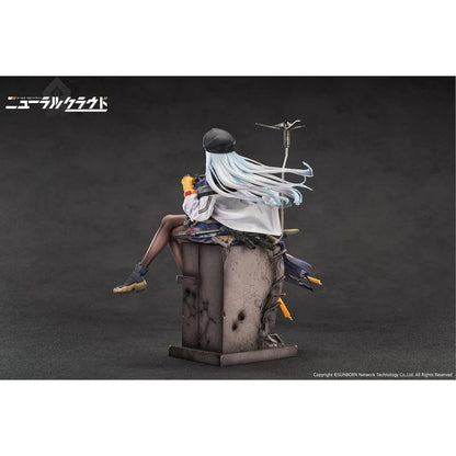 Girls' Frontline Neural Cloud Klukai 1/7 Scale Figure with long silver hair, military-inspired outfit, weapon accessories, seated pose, crate-style base, and bonus item