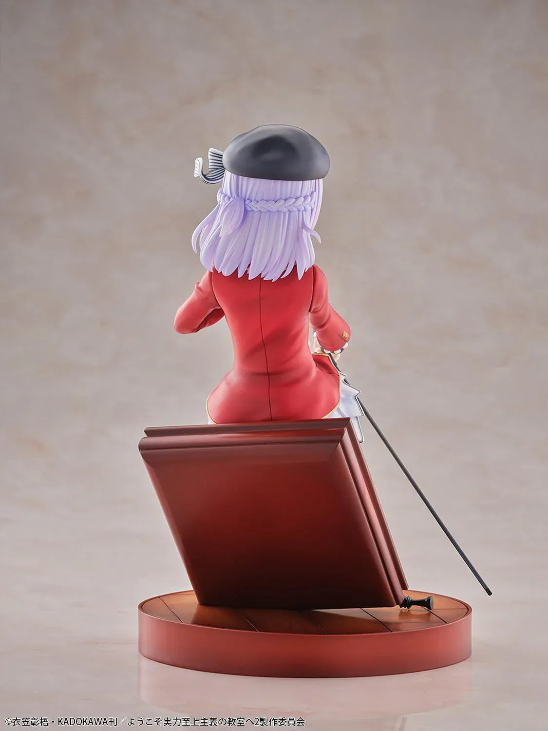 Classroom of the Elite Arisu Sakayanagi 1/7 Scale Figure featuring Arisu seated on a chessboard-style display with beret, red blazer, cane accessory, and round base.