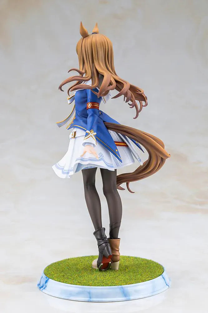 UmaMusume Pretty Derby Grass Wonder 1/7 Scale Figure with brown hair, horse ears, blue-and-white outfit, and grass display base