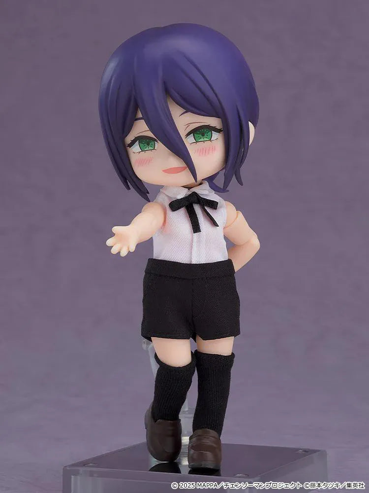 Chainsaw Man The Movie Reze Arc Nendoroid Doll Reze featuring Reze in a chibi doll design with purple hair, green eyes, white top, black shorts, and knee-high socks.
