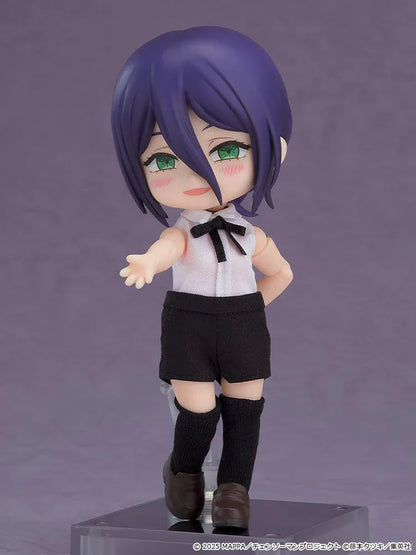 Chainsaw Man The Movie Reze Arc Nendoroid Doll Reze featuring Reze in a chibi doll design with purple hair, green eyes, white top, black shorts, and knee-high socks.