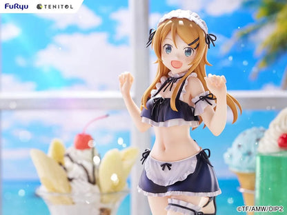 Oreimo Tenitol Tall Kirino Kousaka Swimsuit Maid Ver. Figure featuring Kirino in a navy and white maid swimsuit posing energetically by a beachside dessert setup
