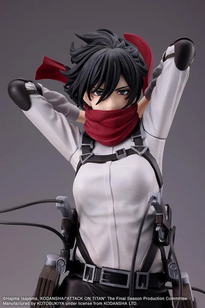 Attack on Titan Oshi Works Mikasa Ackerman The Final Season figure featuring Mikasa in her Survey Corps uniform adjusting her signature red scarf with detailed ODM gear