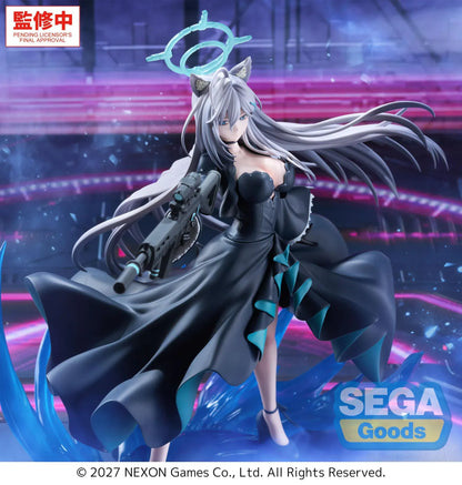Blue Archive Shiroko Terror FIGURIZMα figure holding a rifle, with flowing silver hair, a turquoise halo, dark teal-lined dress, and blue base effects.