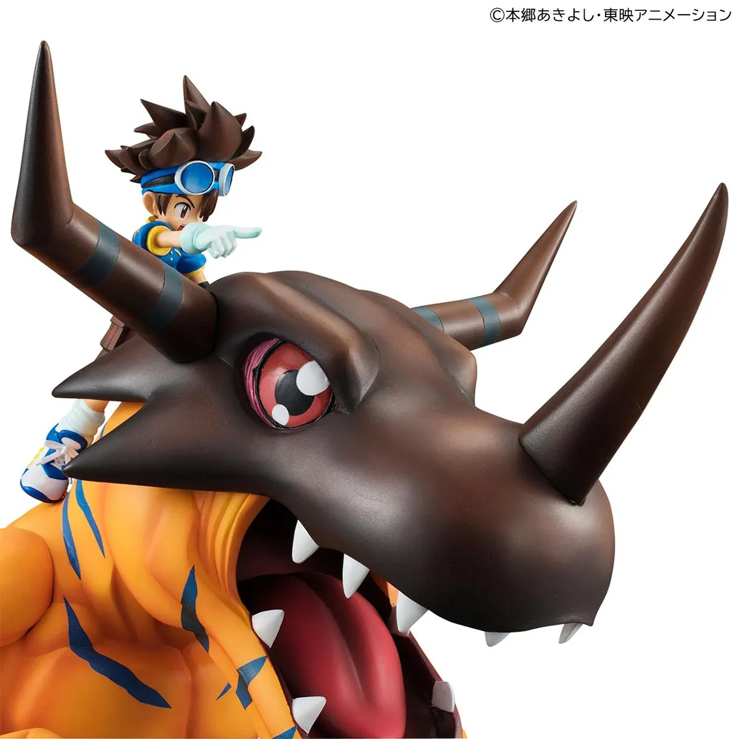 Digimon Adventure Precious G.E.M. Series Greymon and Taichi Yagami Reissue featuring Greymon in a roaring pose with Taichi riding above.