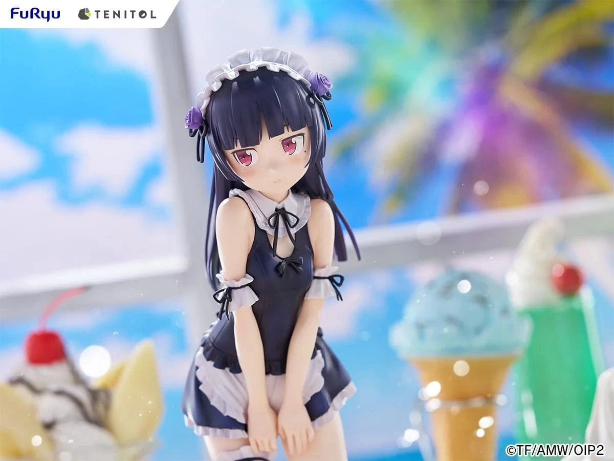 Oreimo Tenitol Tall Kuroneko Swimsuit Maid Ver. Figure featuring Kuroneko in a black-and-white maid swimsuit posing shyly by a dessert table with a beach backdrop