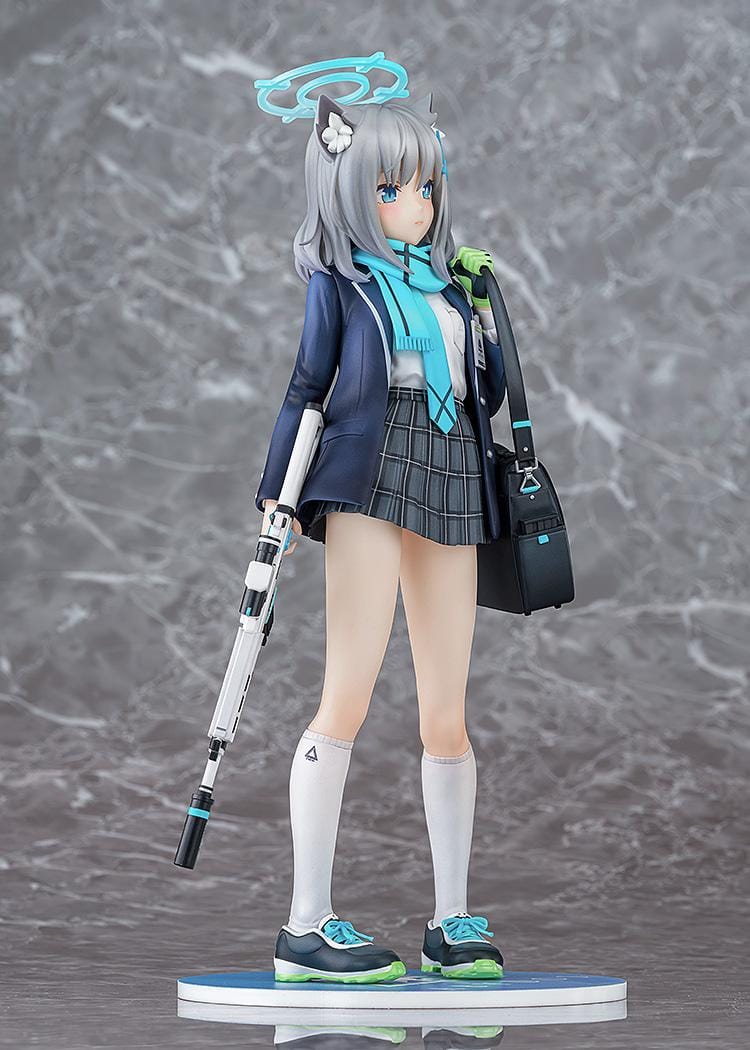 Blue Archive Shiroko 1/7 Scale Figure with silver-gray hair, wolf ears, blue halo, scarf, shoulder bag, and weapon accessory