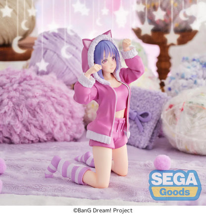 BanG Dream! Nyamu Yutenji Pajama Party figure kneeling in pink pajamas with a cat-ear hood, purple hair, striped socks, and both hands raised.