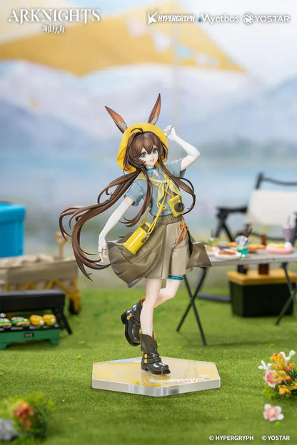 Arknights Gift+ Amiya Wildlight Wander Ver. 1/8 Scale Figure featuring Amiya with rabbit ears, hooded outfit, camera accessory, yellow bag, and themed display base.