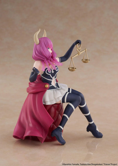 Desktop Cute Aura figure seated on a burgundy tufted stool, with purple hair, curved horns, a dark outfit, and golden balance scales held aloft.