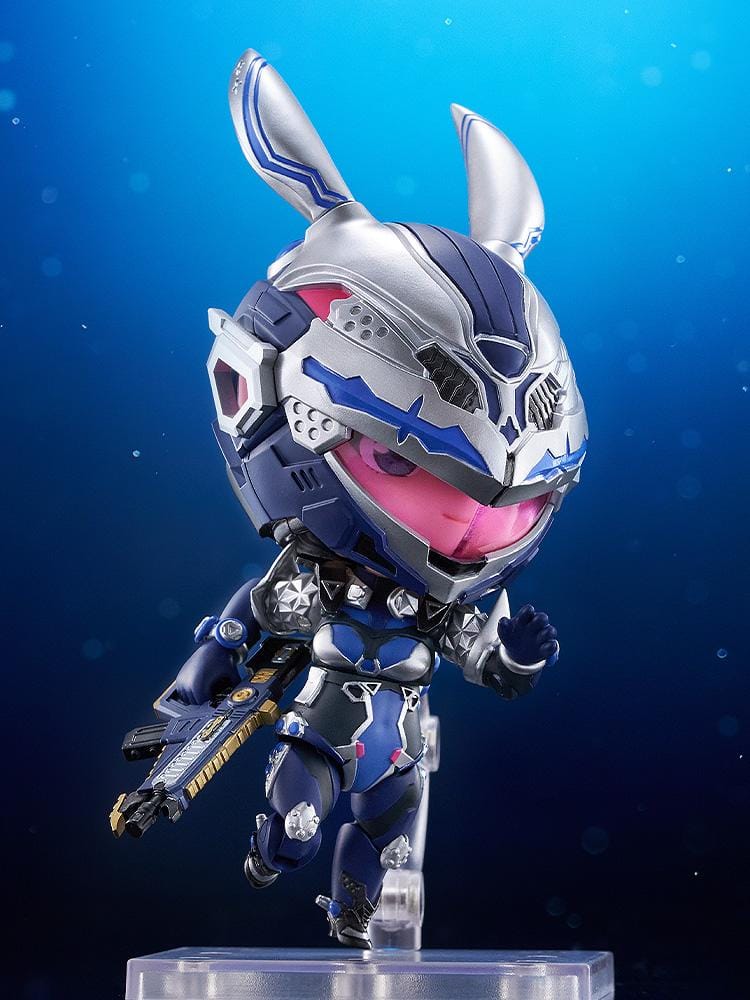The First Descendant Nendoroid Bunny Figure with blue and silver futuristic armor, bunny helmet, pink visor, and chibi design