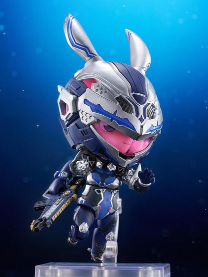 The First Descendant Nendoroid Bunny Figure with blue and silver futuristic armor, bunny helmet, pink visor, and chibi design