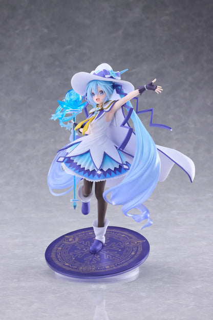 Snow Miku All Stars 2014 Ver. AMP+ figure wearing a white-and-blue snow sorceress outfit and holding a translucent magical staff.
