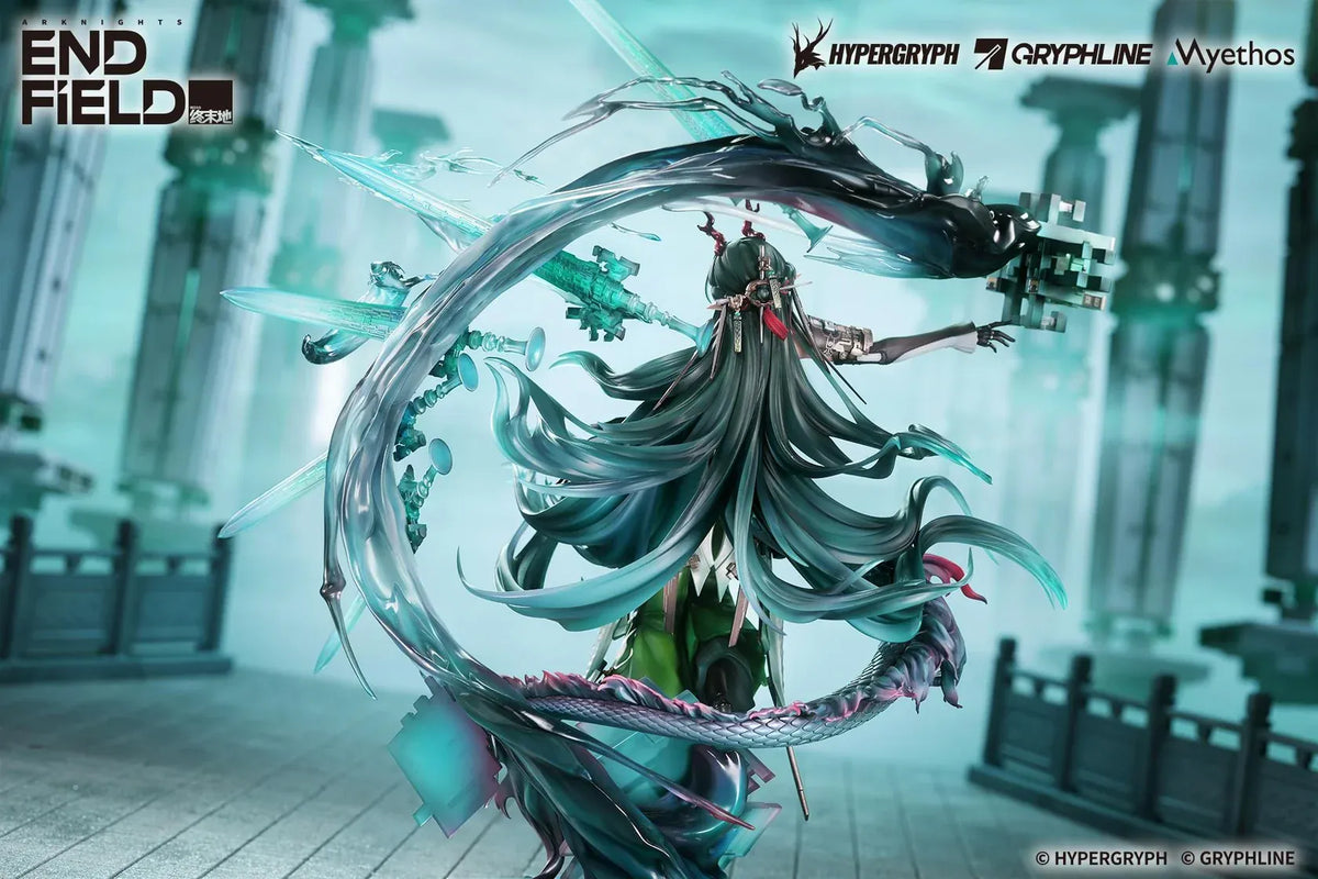 Arknights Endfield Zhuang Fangyi 1/7 scale figure with teal hair and a green outfit, surrounded by a curling dragon and translucent turquoise blades.