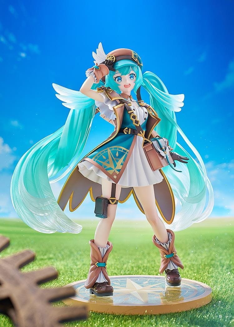 1/7 scale Hatsune Miku 100th Adventure Ver. figure in teal traveler outfit with long twin-tails and compass-style base