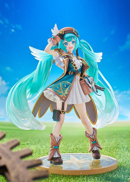 1/7 scale Hatsune Miku 100th Adventure Ver. figure in teal traveler outfit with long twin-tails and compass-style base