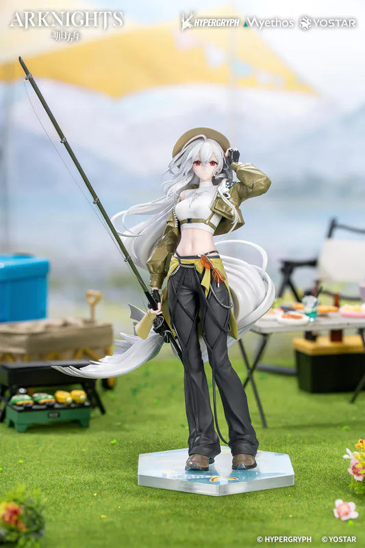 Arknights Gift+ Skadi Wildlight Wander Ver. 1/8 Scale Figure featuring Skadi with long white hair, fishing rod accessory, outdoor outfit, hat, and themed display base.