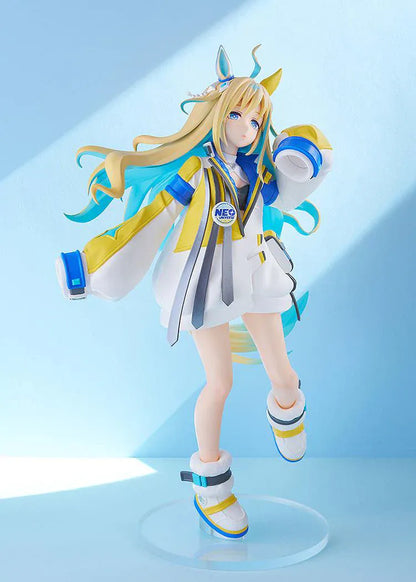 Uma Musume Pretty Derby POP UP PARADE L Neo Universe figure with white blue and yellow futuristic outfit and flowing blonde hair