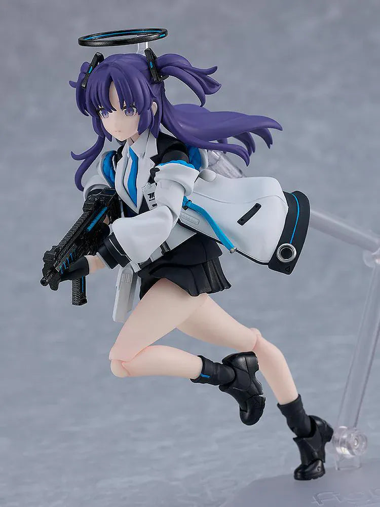 Blue Archive figma Yuuka Hayase Figure Rerelease featuring Yuuka with purple twin tails, academy-style outfit, halo detail, and tactical weapon accessories.