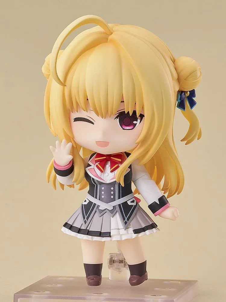 Hamidashi Creative Nendoroid Hiyori Izumi figure with blonde twin buns, pink eyes, navy ribbons, and a detailed school uniform.
