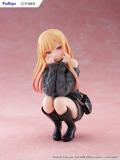 My Dress-Up Darling Kitagawa Marin knit ver. 1/6 Scale Figure featuring Marin with long blonde hair, gray oversized sweater, black boots, quilted bag, and crouching pose.