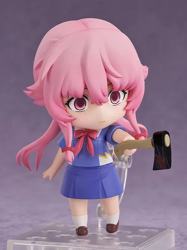 The Future Diary Nendoroid Yuno Gasai Figure rerelease featuring pink hair, school uniform, and chibi design with character accessories