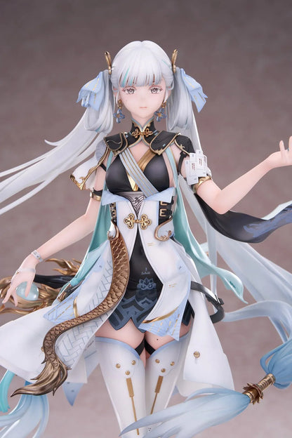 Wuthering Waves Jinhsi 1/7 Scale Figure with long white hair, elegant blue and gold outfit, flowing accessories, water-style display base, and bonus item