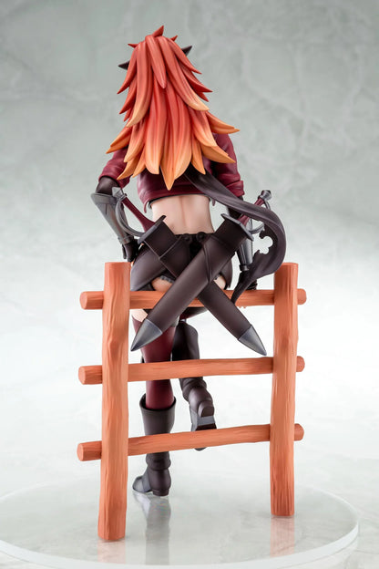 From Old Country Bumpkin to Master Swordsman Surena Lysandra 1/6 scale figure sitting on a wooden fence with detailed fantasy armor